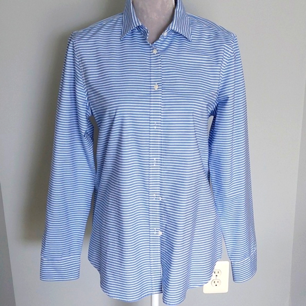 NWOT Chaps blue striped no-iron cotton shirt, women size L